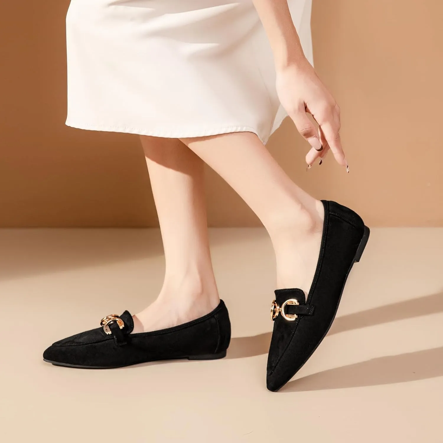 Tilocow Metal Chain Loafers Flats for Women Pointed Toe Slip on Flats Comfortable Fashion Work Business Shoes