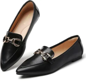 Tilocow Metal Chain Loafers Flats for Women Pointed Toe Slip on Flats Comfortable Fashion Work Business Shoes