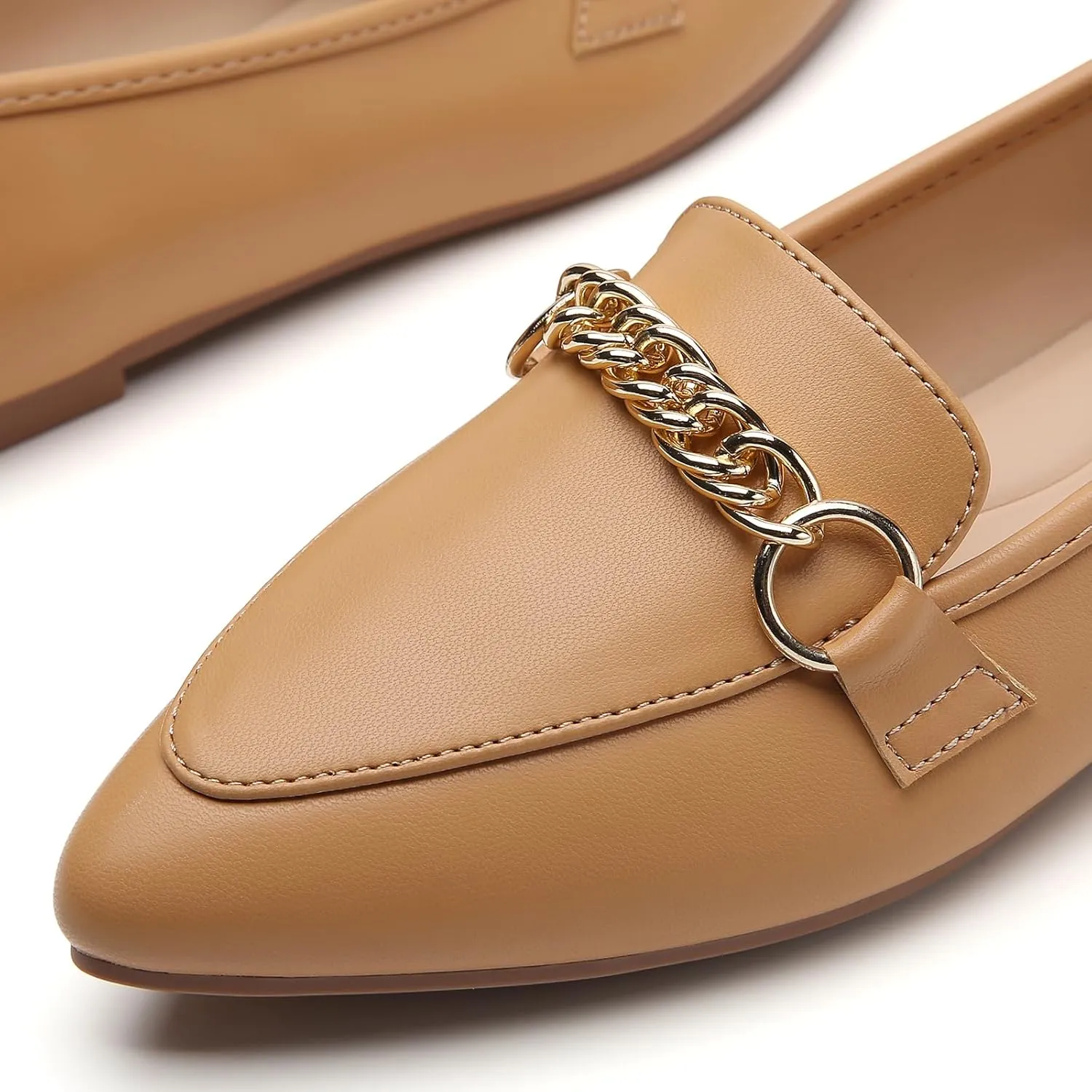 Tilocow Metal Chain Loafers for Women Pointed Toe Slip on Flats Comfortable Fashion Work Shoes