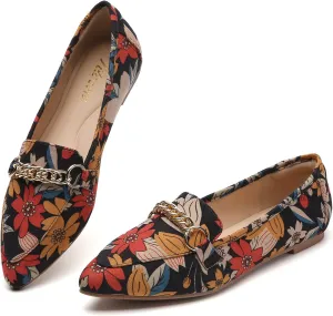 Tilocow Metal Chain Loafers for Women Pointed Toe Slip on Flats Comfortable Fashion Work Shoes