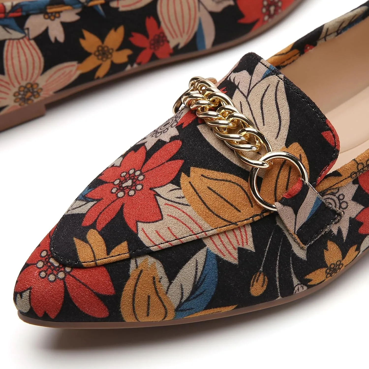 Tilocow Metal Chain Loafers for Women Pointed Toe Slip on Flats Comfortable Fashion Work Shoes