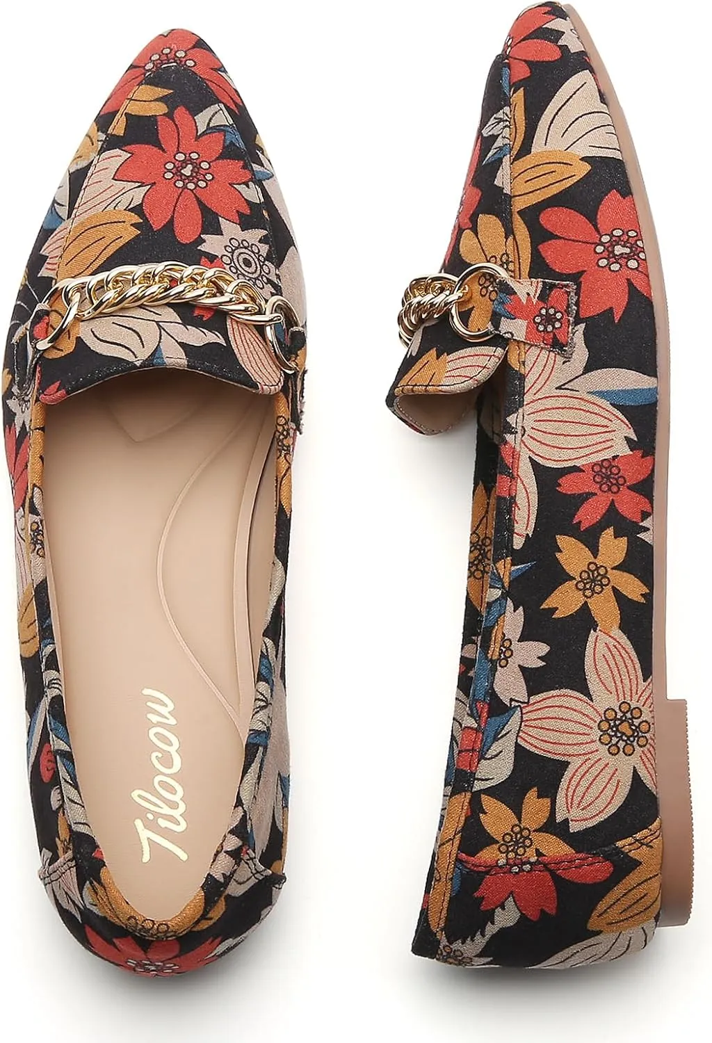Tilocow Metal Chain Loafers for Women Pointed Toe Slip on Flats Comfortable Fashion Work Shoes