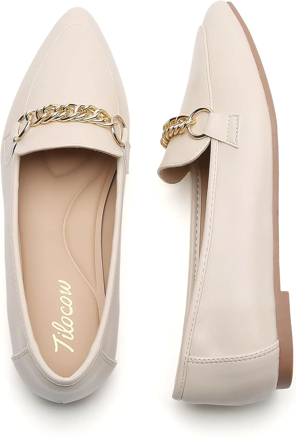 Tilocow Metal Chain Loafers for Women Pointed Toe Slip on Flats Comfortable Fashion Work Shoes