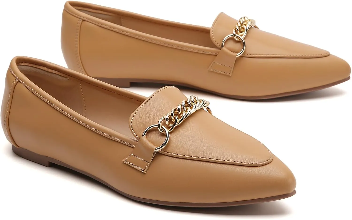 Tilocow Metal Chain Loafers for Women Pointed Toe Slip on Flats Comfortable Fashion Work Shoes