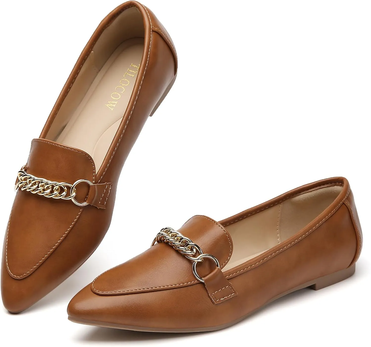 Tilocow Metal Chain Loafers for Women Pointed Toe Slip on Flats Comfortable Fashion Work Shoes