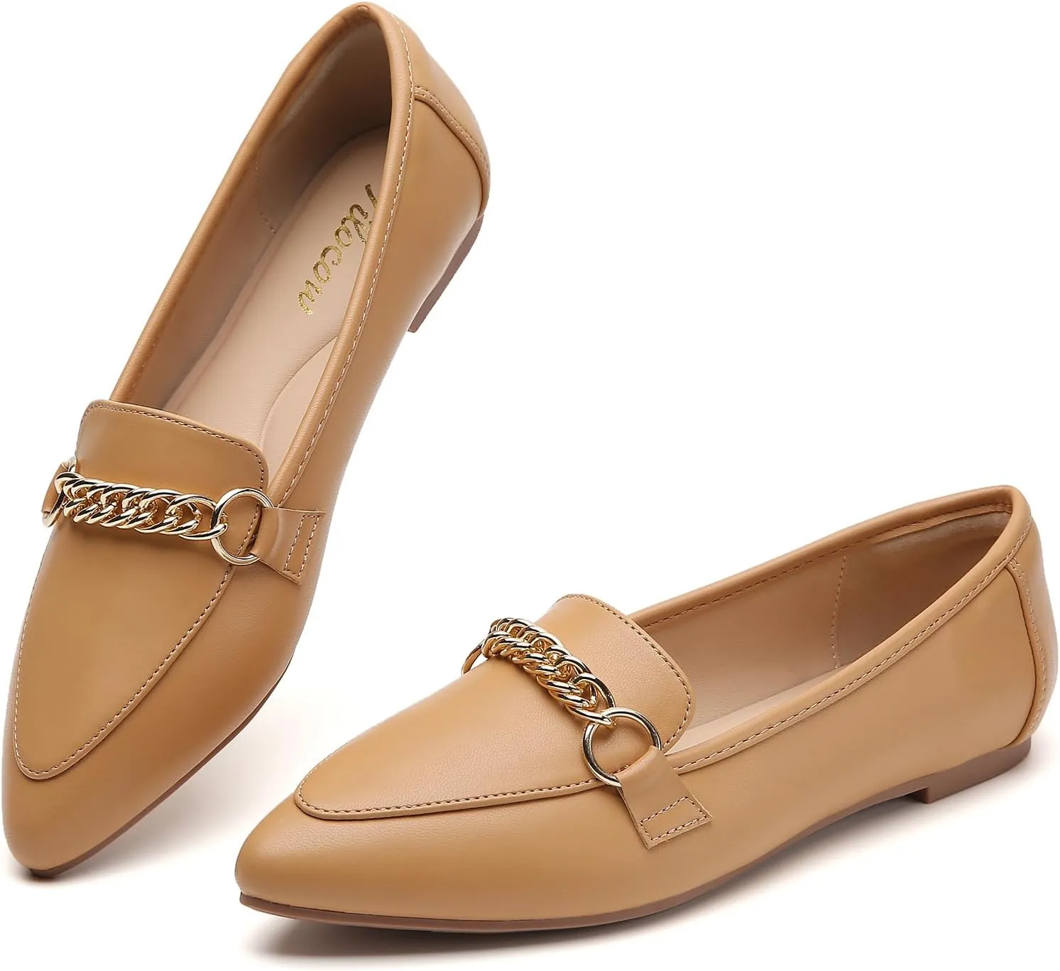 Tilocow Metal Chain Loafers for Women Pointed Toe Slip on Flats Comfortable Fashion Work Shoes