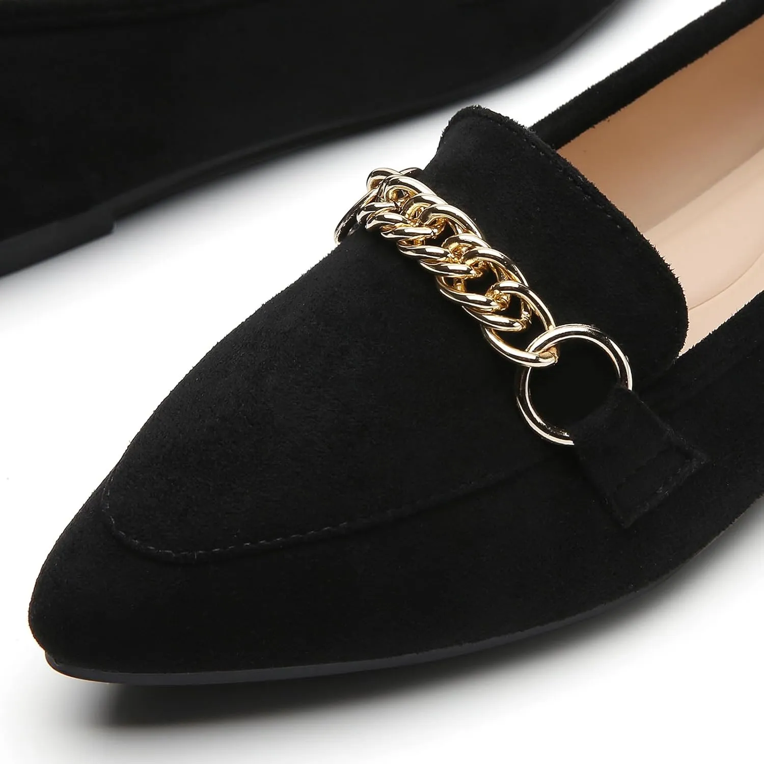 Tilocow Metal Chain Loafers for Women Pointed Toe Slip on Flats Comfortable Fashion Work Shoes