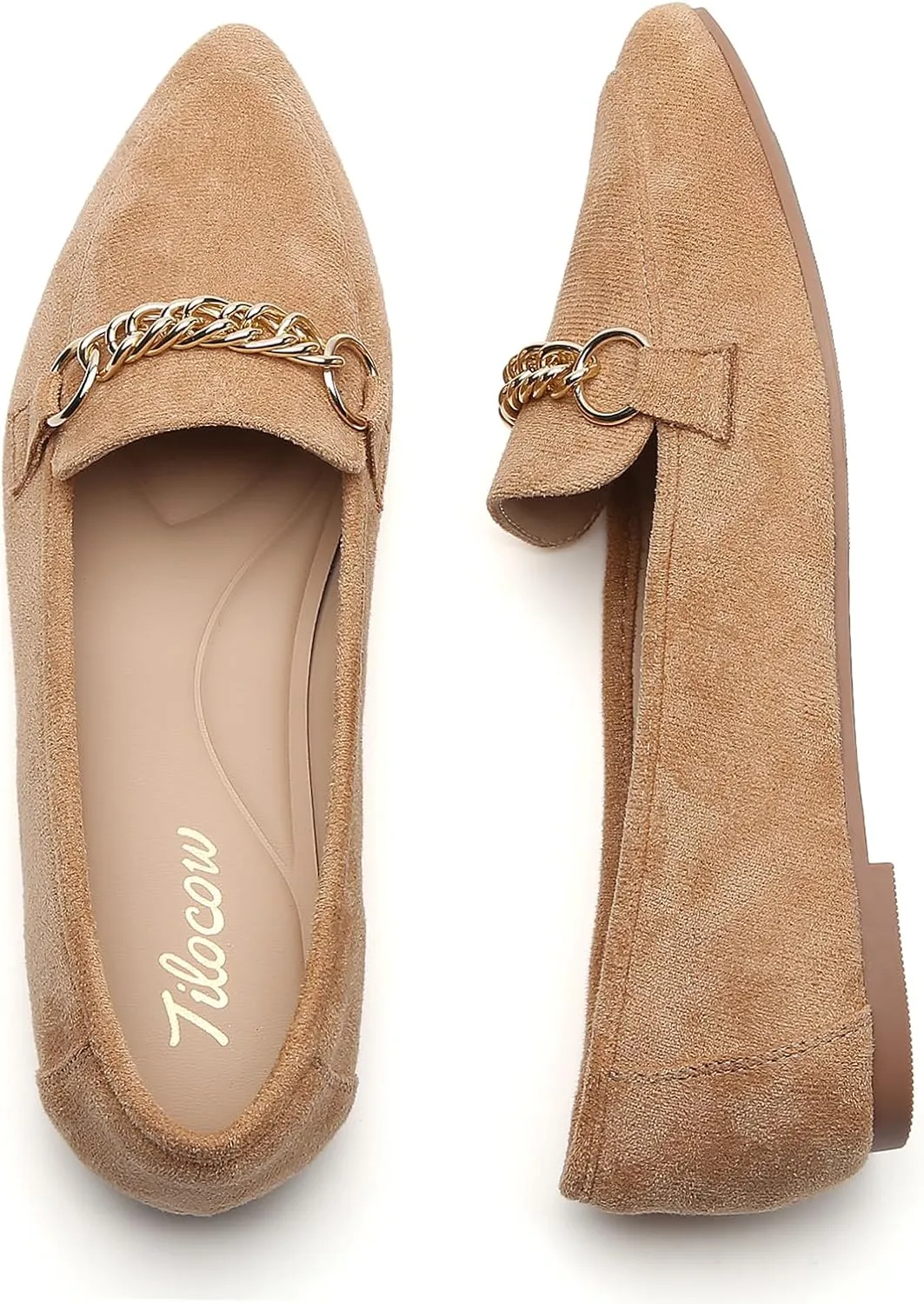 Tilocow Metal Chain Loafers for Women Pointed Toe Slip on Flats Comfortable Fashion Work Shoes