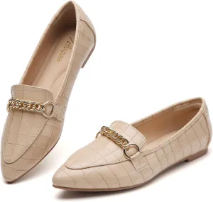 Tilocow Metal Chain Loafers for Women Pointed Toe Slip on Flats Comfortable Fashion Work Shoes