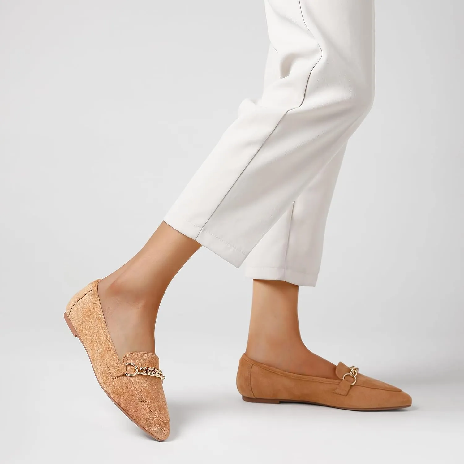 Tilocow Metal Chain Loafers for Women Pointed Toe Slip on Flats Comfortable Fashion Work Shoes