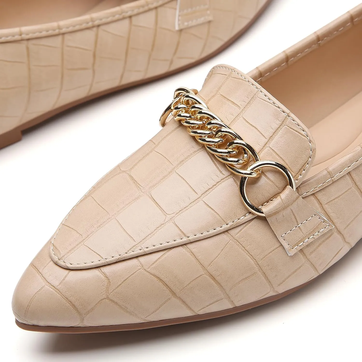 Tilocow Metal Chain Loafers for Women Pointed Toe Slip on Flats Comfortable Fashion Work Shoes
