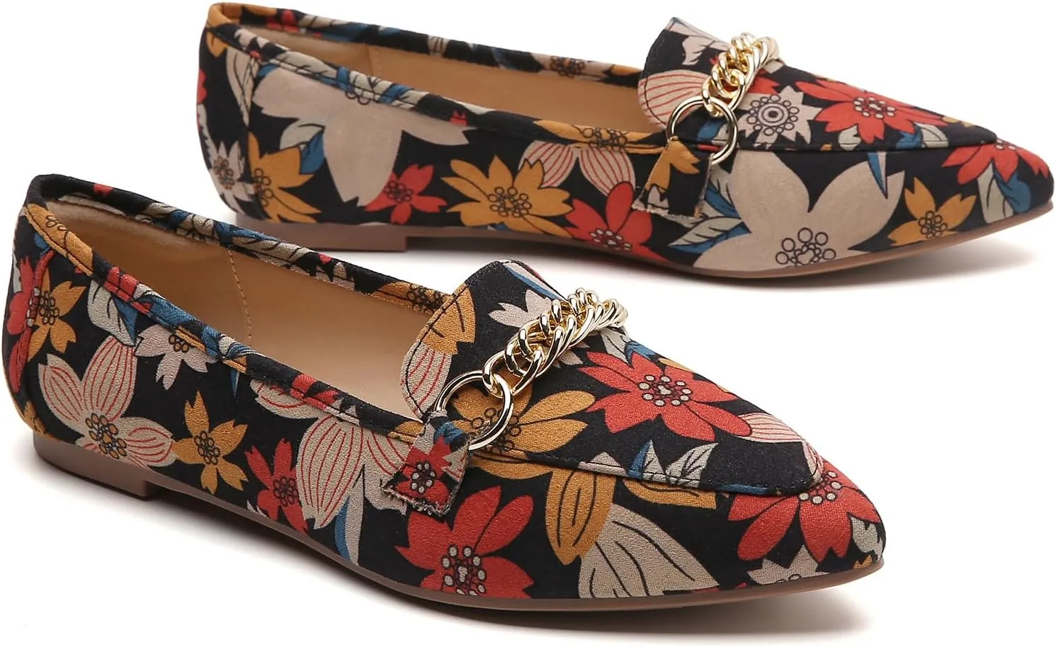 Tilocow Metal Chain Loafers for Women Pointed Toe Slip on Flats Comfortable Fashion Work Shoes