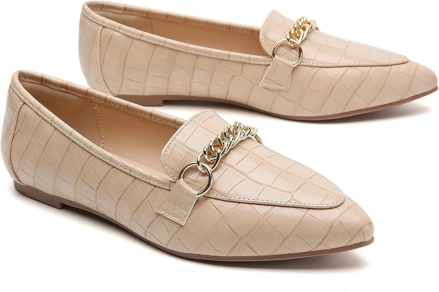 Tilocow Metal Chain Loafers for Women Pointed Toe Slip on Flats Comfortable Fashion Work Shoes