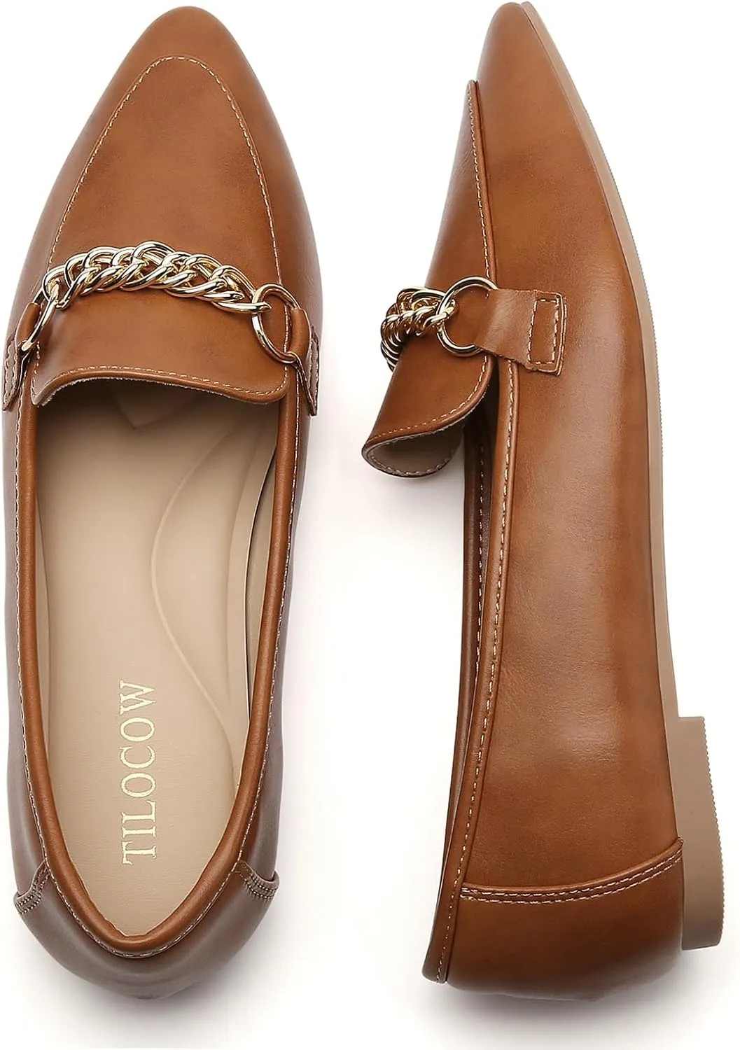Tilocow Metal Chain Loafers for Women Pointed Toe Slip on Flats Comfortable Fashion Work Shoes