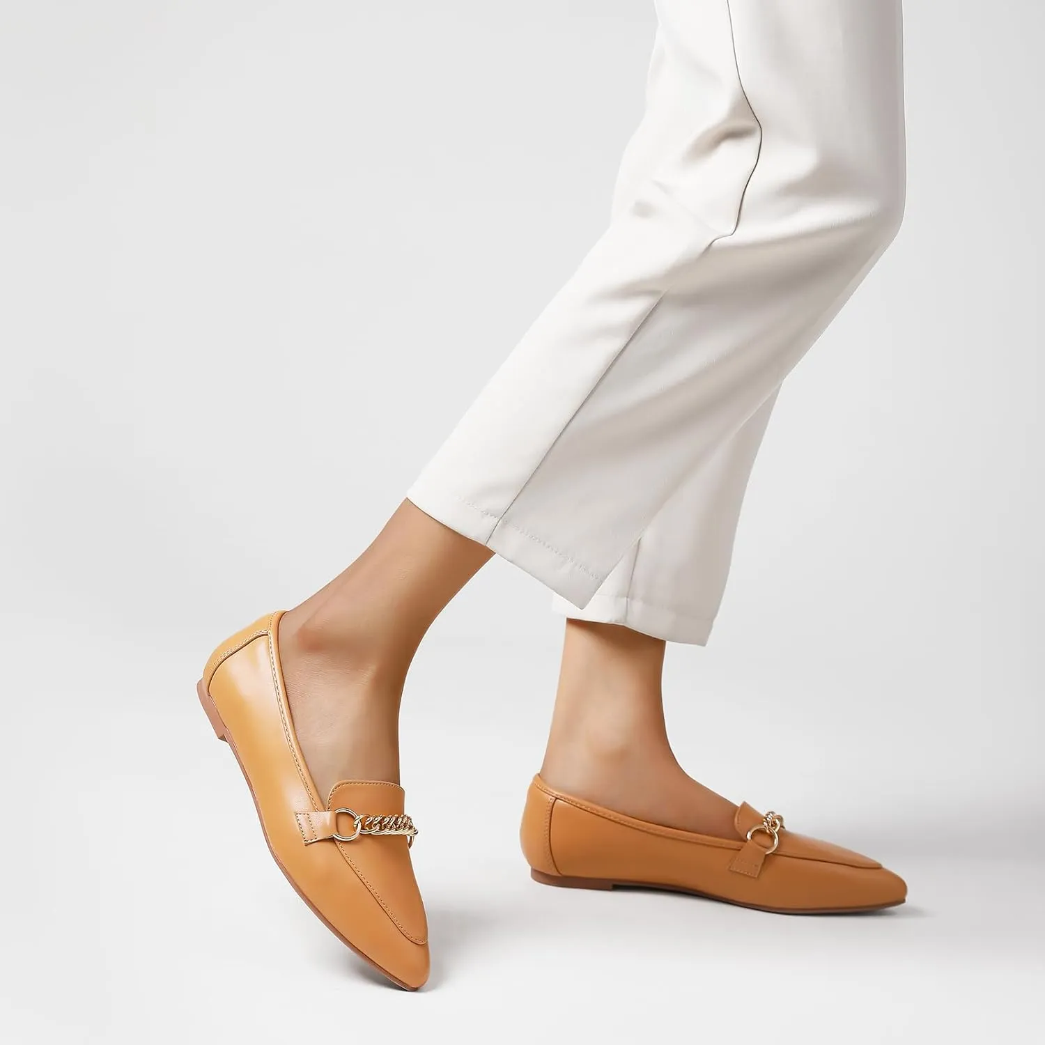 Tilocow Metal Chain Loafers for Women Pointed Toe Slip on Flats Comfortable Fashion Work Shoes