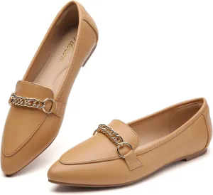 Tilocow Metal Chain Loafers for Women Pointed Toe Slip on Flats Comfortable Fashion Work Shoes
