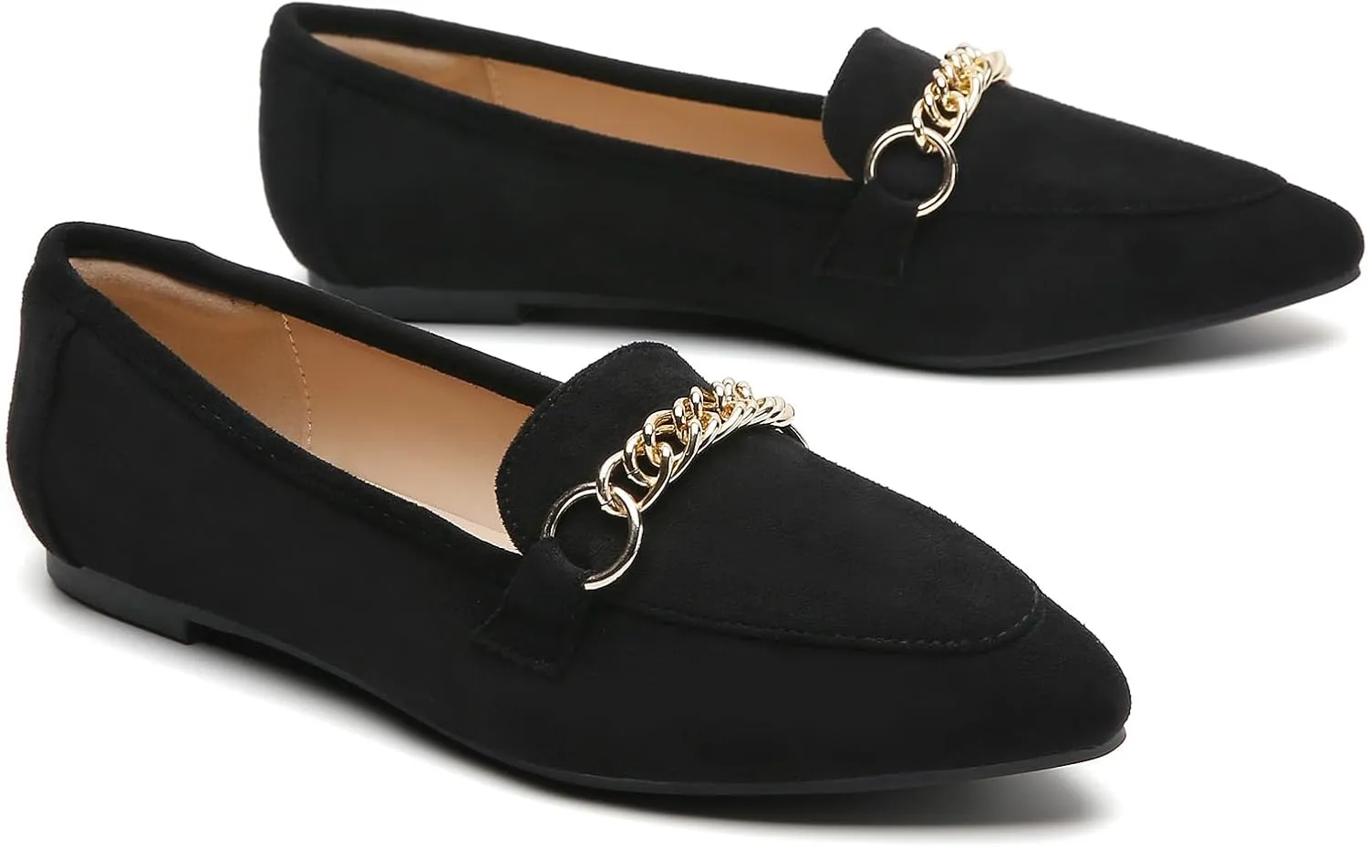 Tilocow Metal Chain Loafers for Women Pointed Toe Slip on Flats Comfortable Fashion Work Shoes