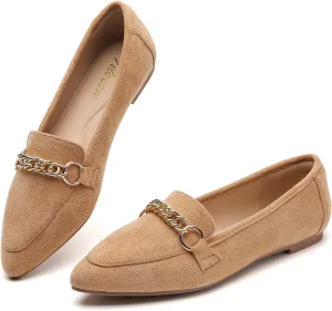 Tilocow Metal Chain Loafers for Women Pointed Toe Slip on Flats Comfortable Fashion Work Shoes