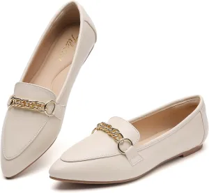 Tilocow Metal Chain Loafers for Women Pointed Toe Slip on Flats Comfortable Fashion Work Shoes