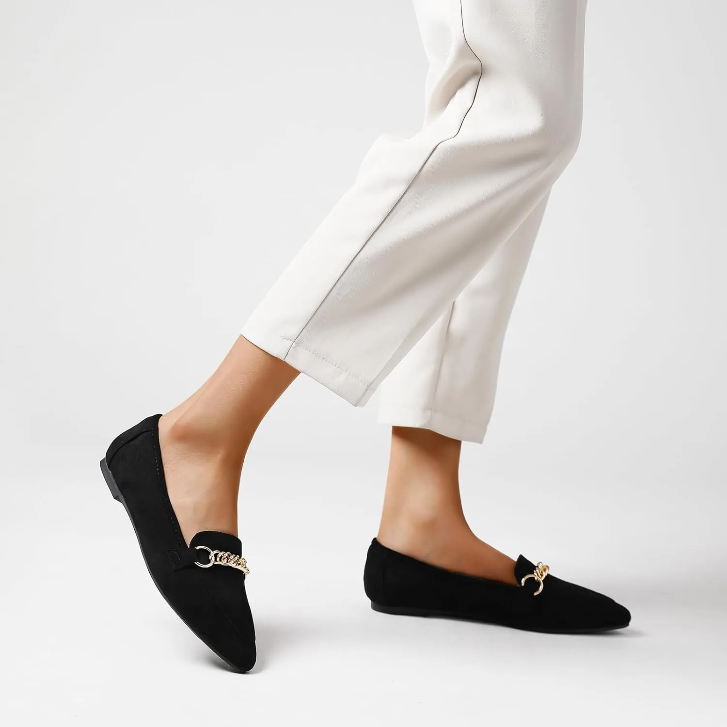 Tilocow Metal Chain Loafers for Women Pointed Toe Slip on Flats Comfortable Fashion Work Shoes