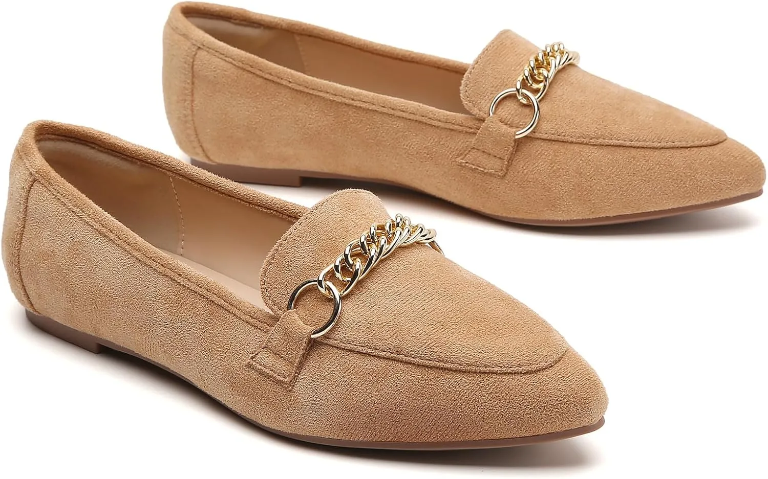 Tilocow Metal Chain Loafers for Women Pointed Toe Slip on Flats Comfortable Fashion Work Shoes