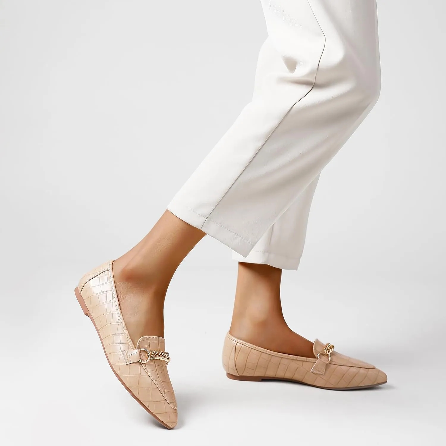 Tilocow Metal Chain Loafers for Women Pointed Toe Slip on Flats Comfortable Fashion Work Shoes