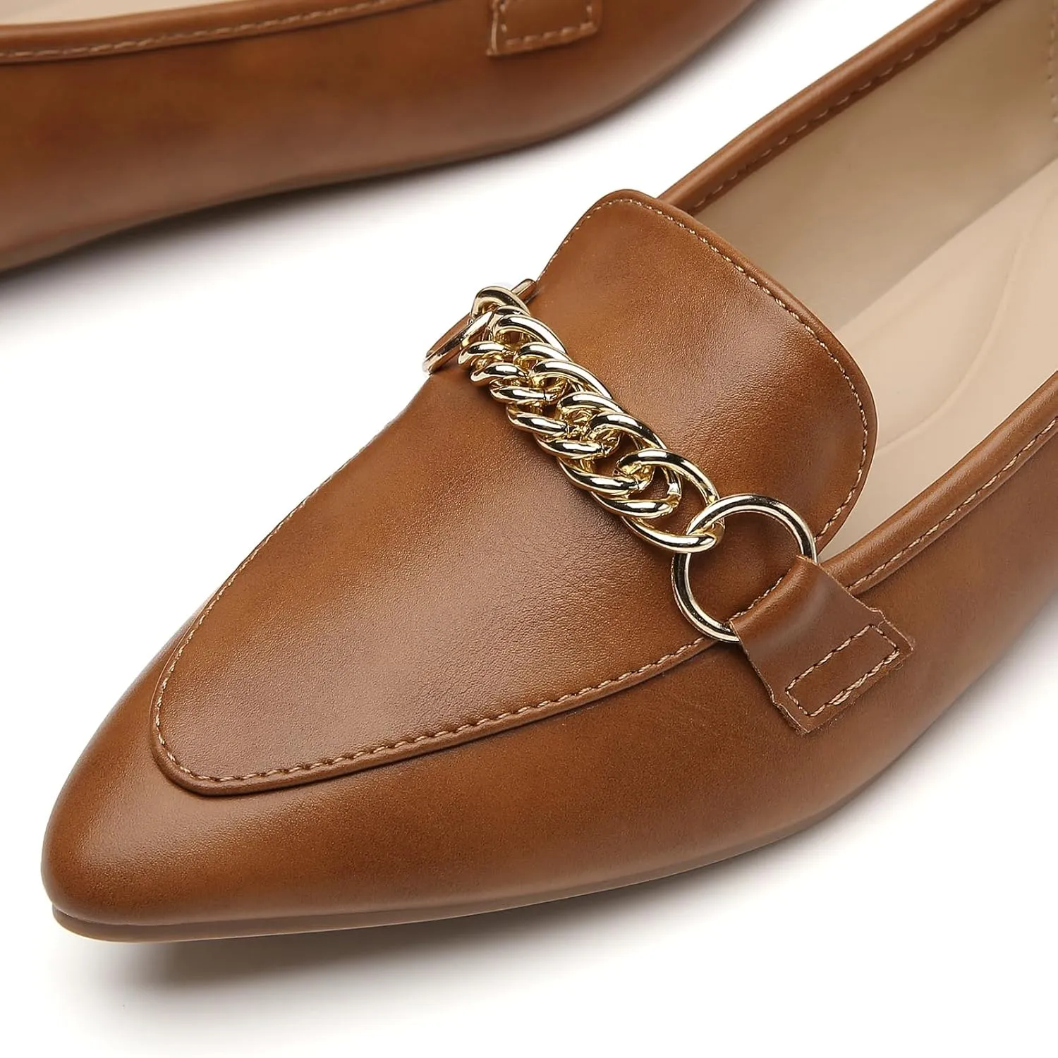Tilocow Metal Chain Loafers for Women Pointed Toe Slip on Flats Comfortable Fashion Work Shoes