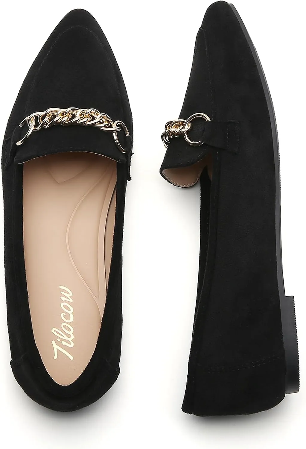 Tilocow Metal Chain Loafers for Women Pointed Toe Slip on Flats Comfortable Fashion Work Shoes