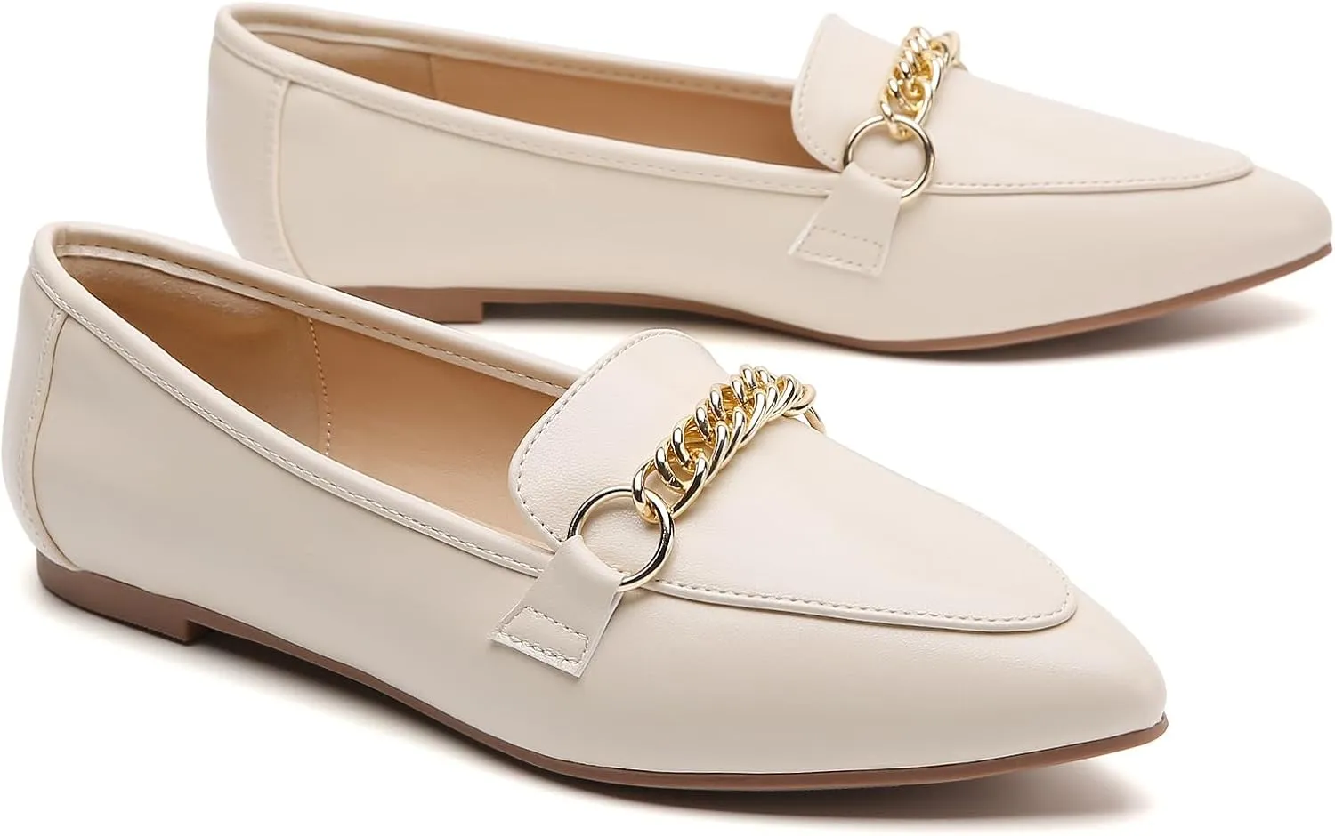 Tilocow Metal Chain Loafers for Women Pointed Toe Slip on Flats Comfortable Fashion Work Shoes