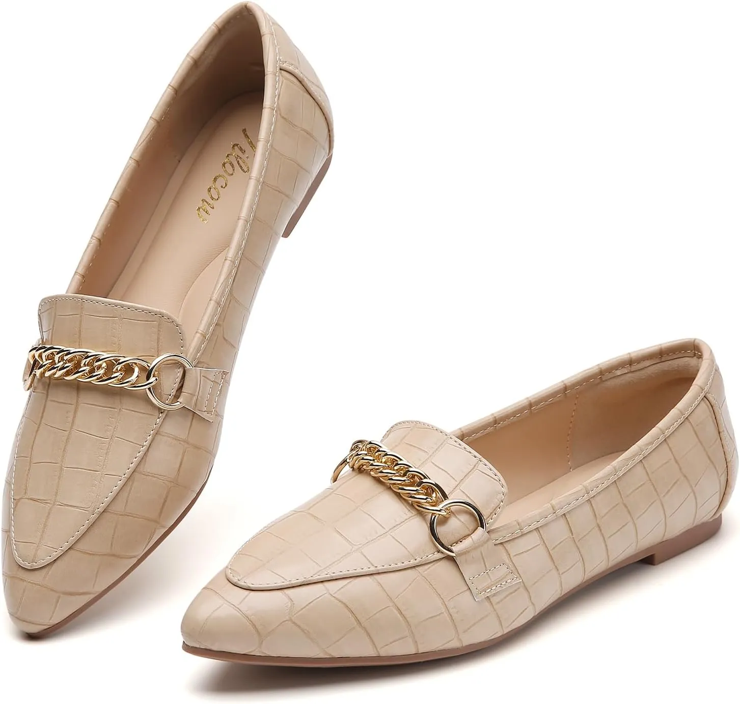 Tilocow Metal Chain Loafers for Women Pointed Toe Slip on Flats Comfortable Fashion Work Shoes