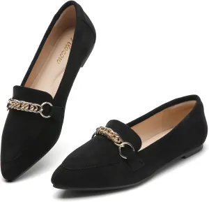 Tilocow Metal Chain Loafers for Women Pointed Toe Slip on Flats Comfortable Fashion Work Shoes