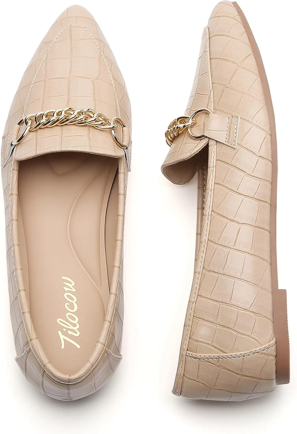 Tilocow Metal Chain Loafers for Women Pointed Toe Slip on Flats Comfortable Fashion Work Shoes