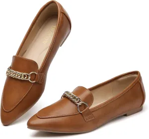 Tilocow Metal Chain Loafers for Women Pointed Toe Slip on Flats Comfortable Fashion Work Shoes
