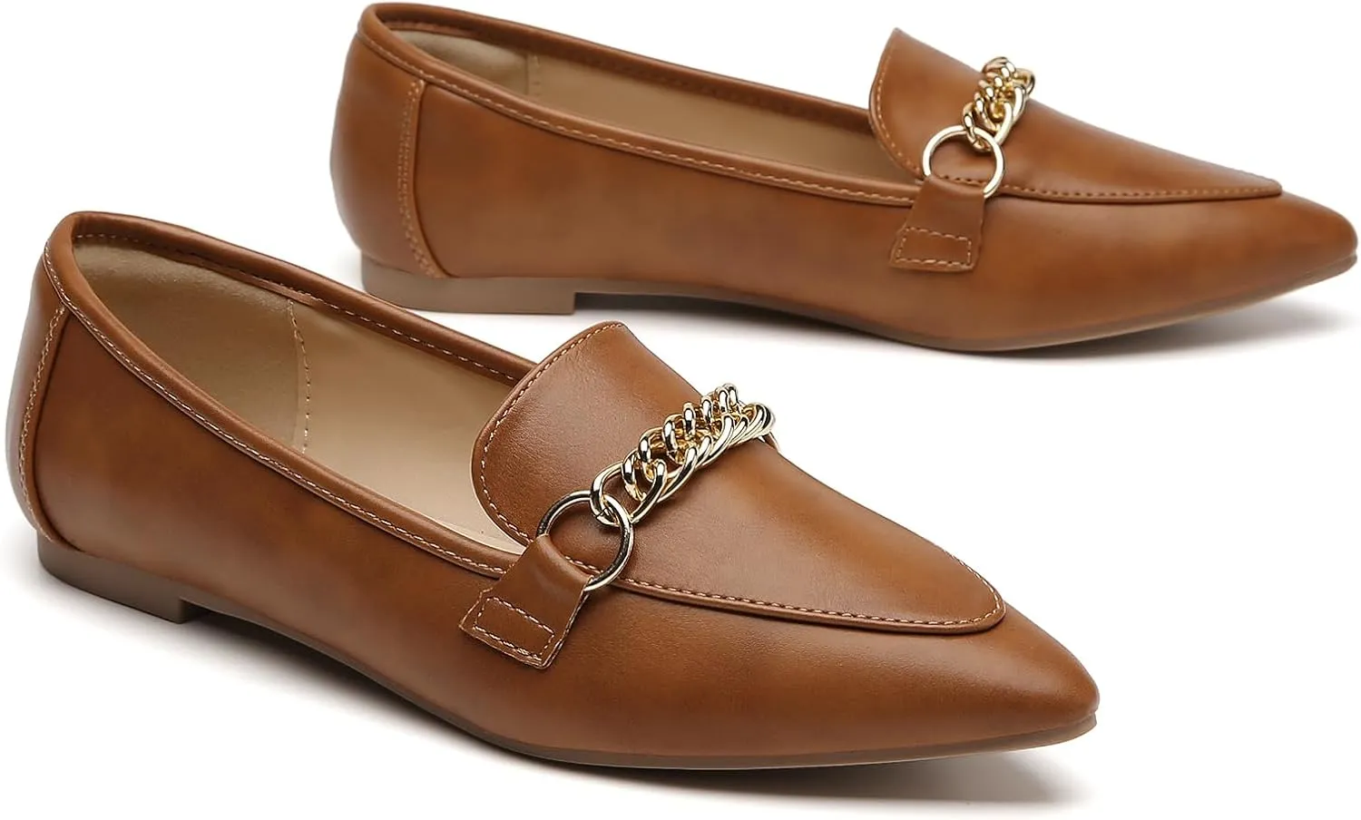 Tilocow Metal Chain Loafers for Women Pointed Toe Slip on Flats Comfortable Fashion Work Shoes