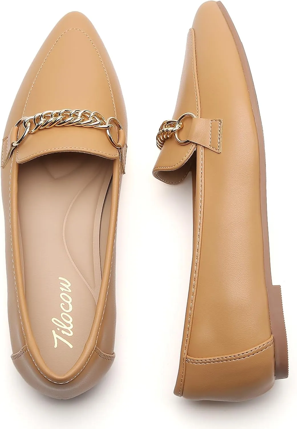 Tilocow Metal Chain Loafers for Women Pointed Toe Slip on Flats Comfortable Fashion Work Shoes