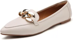 Tilocow Metal Chain Loafers for Womens Slip On Pointed Toe Flats Comfortable Fashion Work Business Shoes