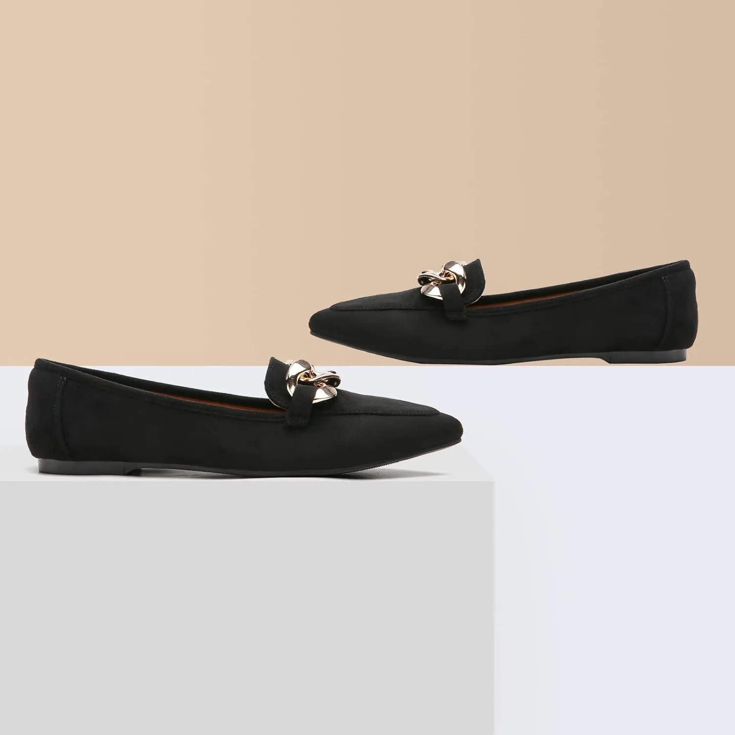 Tilocow Metal Chain Loafers for Womens Slip On Pointed Toe Flats Comfortable Fashion Work Business Shoes