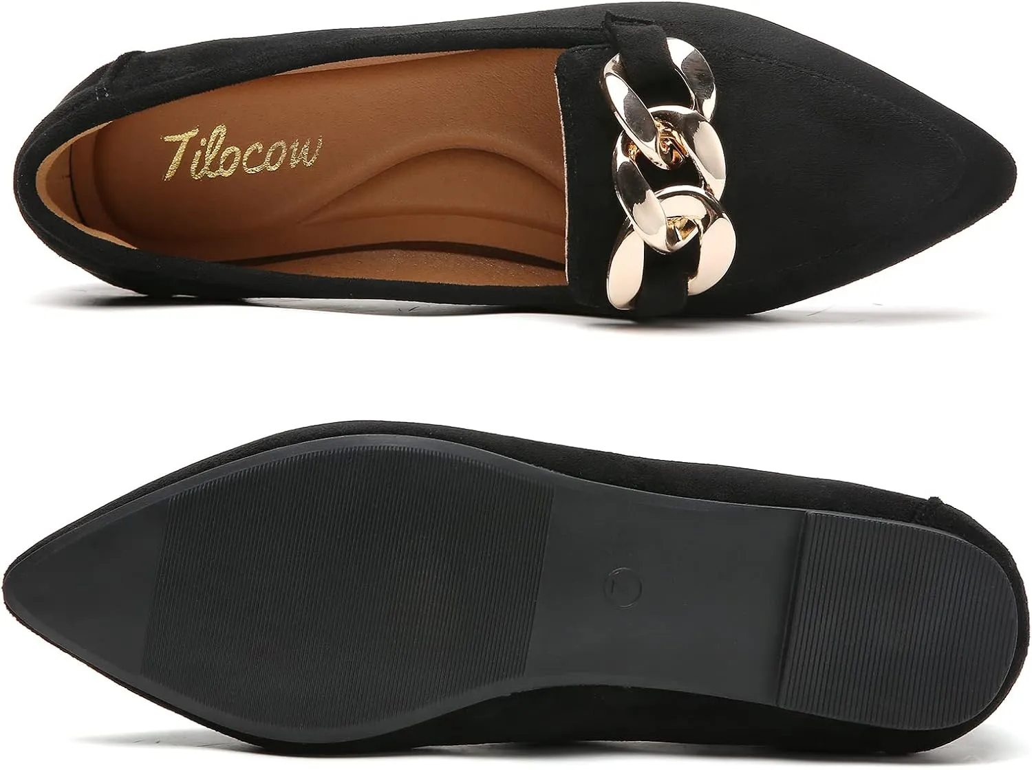 Tilocow Metal Chain Loafers for Womens Slip On Pointed Toe Flats Comfortable Fashion Work Business Shoes