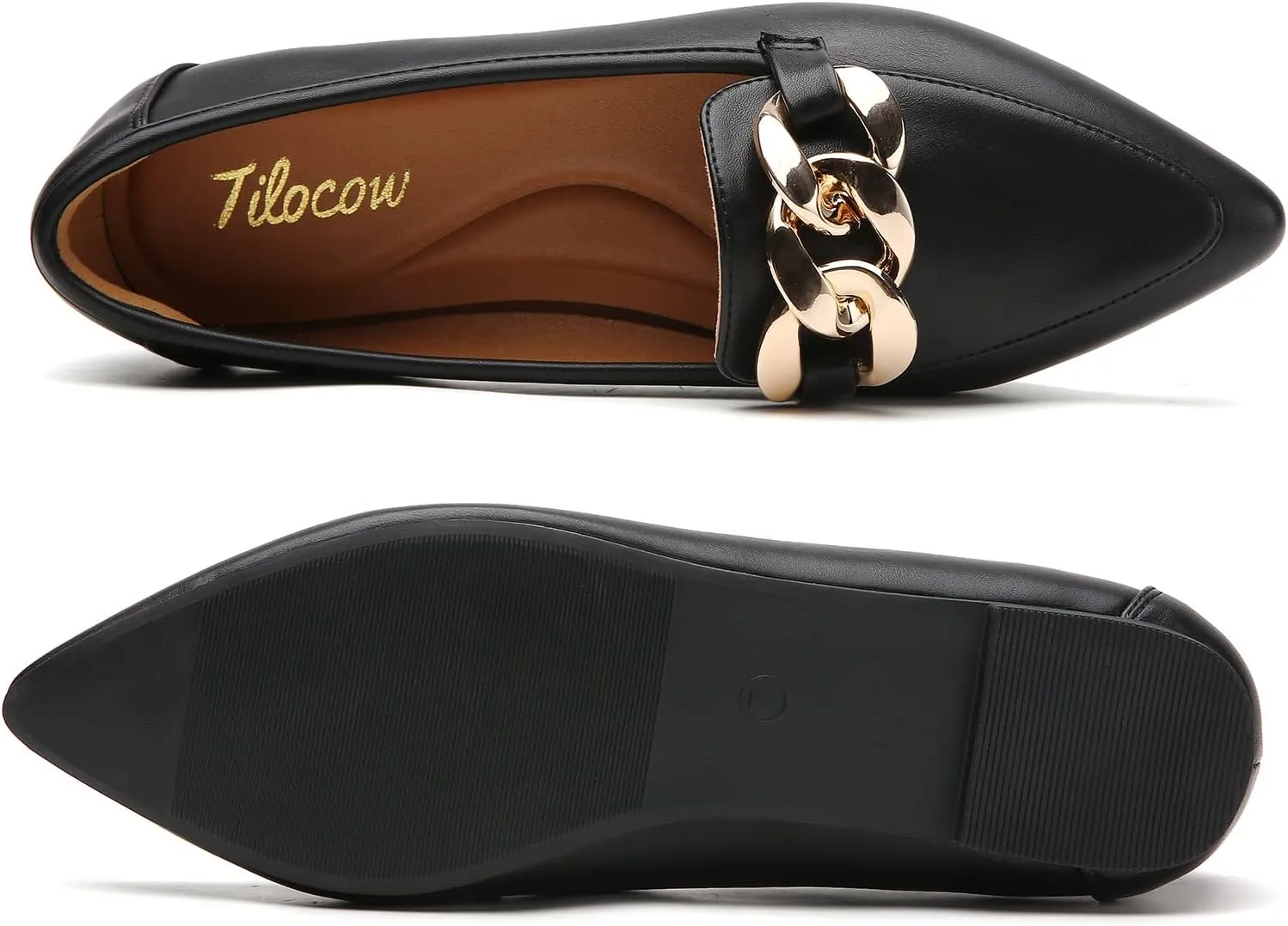Tilocow Metal Chain Loafers for Womens Slip On Pointed Toe Flats Comfortable Fashion Work Business Shoes