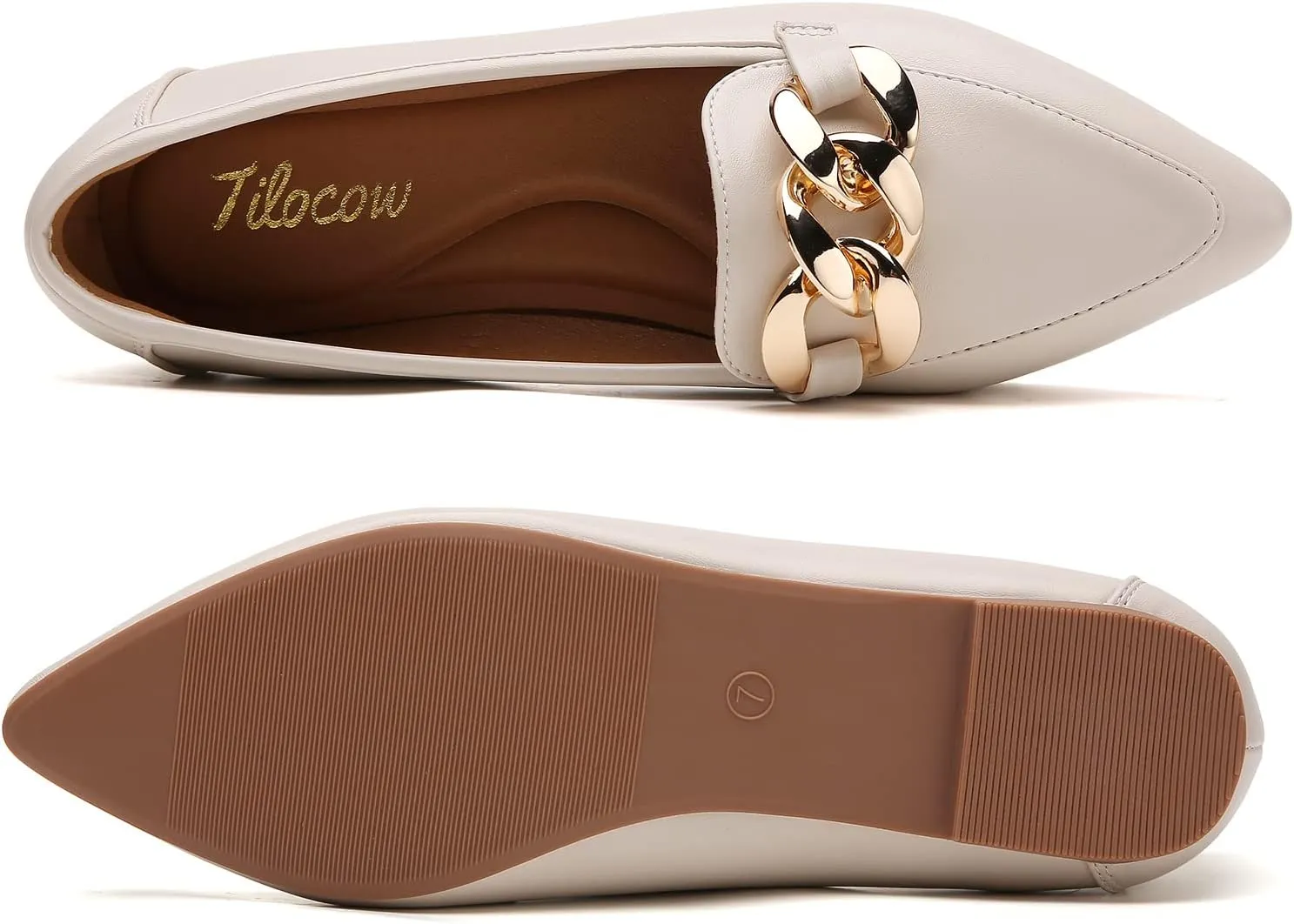 Tilocow Metal Chain Loafers for Womens Slip On Pointed Toe Flats Comfortable Fashion Work Business Shoes