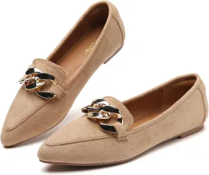 Tilocow Metal Chain Loafers for Womens Slip On Pointed Toe Flats Comfortable Fashion Work Business Shoes