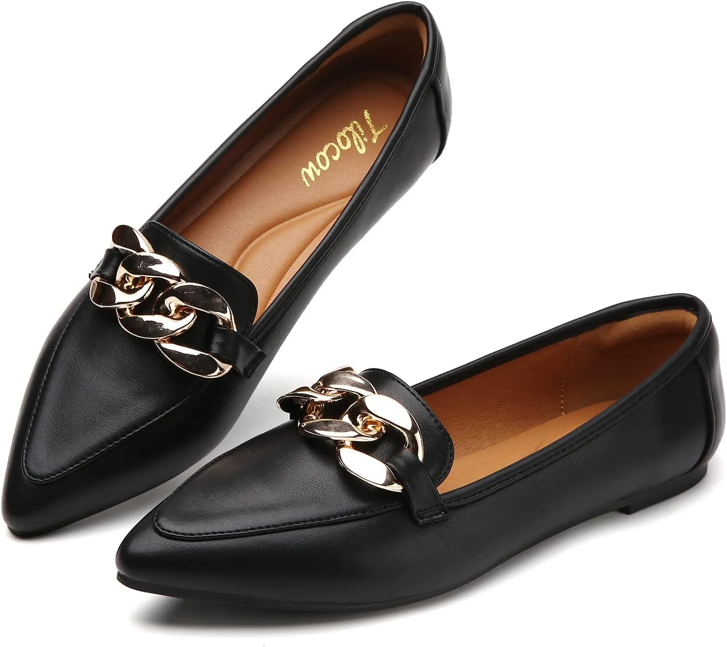 Tilocow Metal Chain Loafers for Womens Slip On Pointed Toe Flats Comfortable Fashion Work Business Shoes
