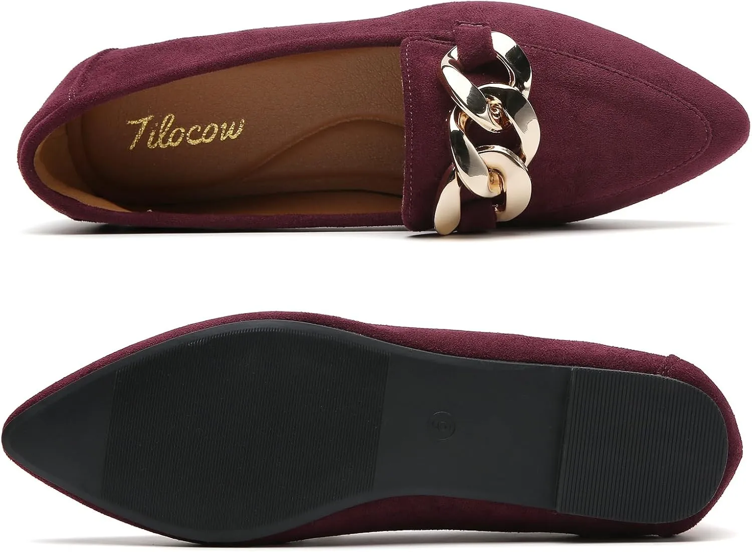 Tilocow Metal Chain Loafers for Womens Slip On Pointed Toe Flats Comfortable Fashion Work Business Shoes