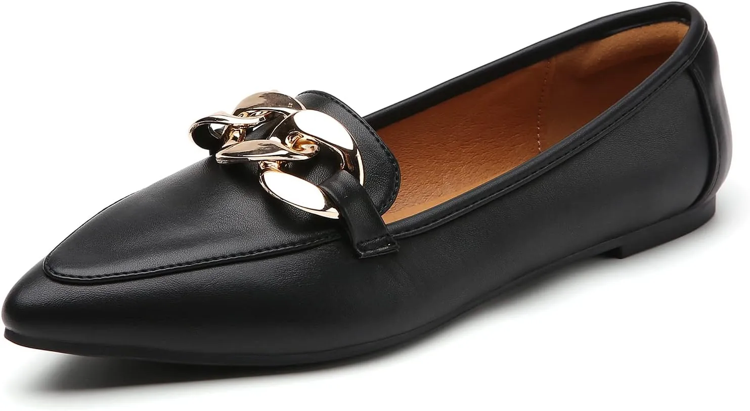 Tilocow Metal Chain Loafers for Womens Slip On Pointed Toe Flats Comfortable Fashion Work Business Shoes