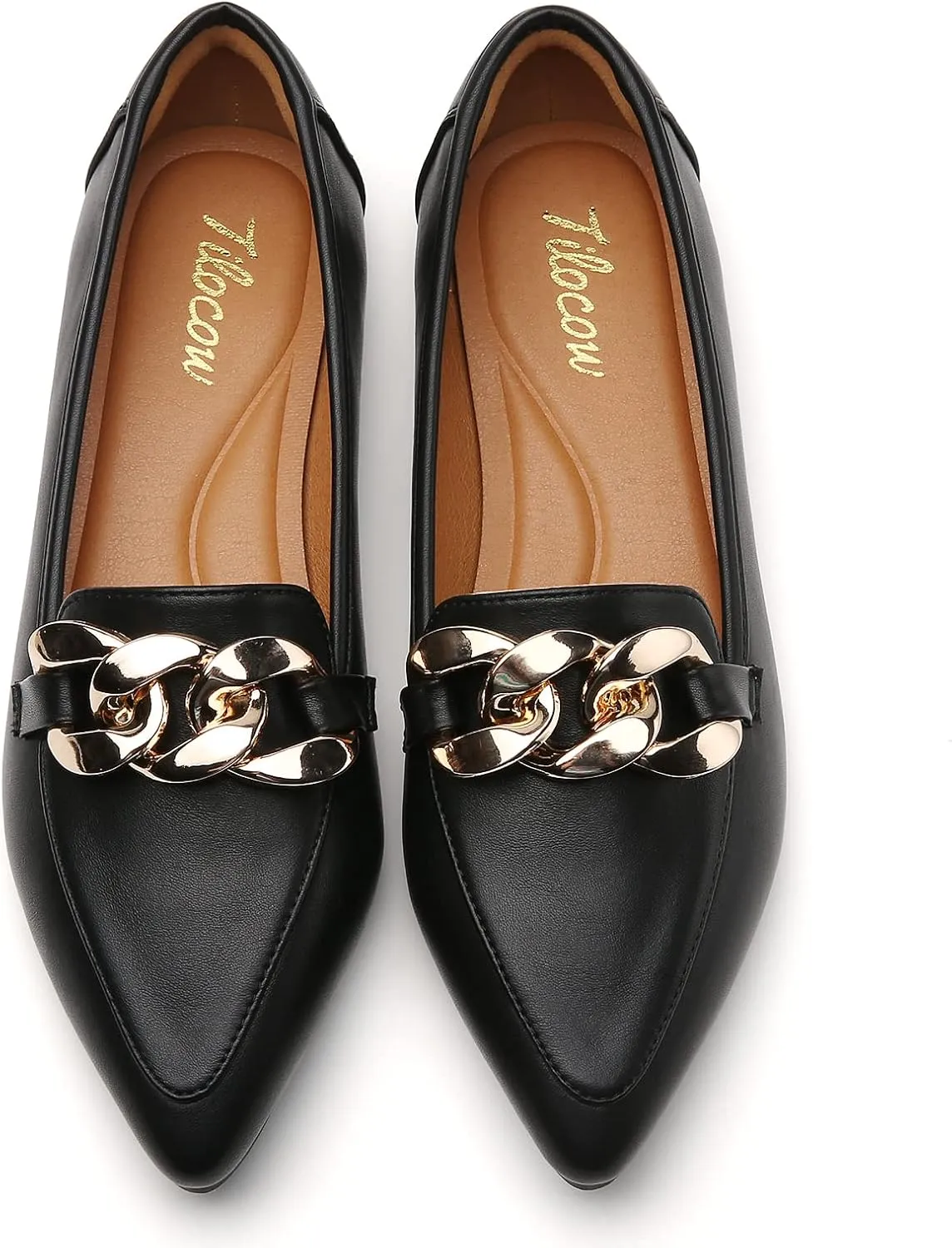 Tilocow Metal Chain Loafers for Womens Slip On Pointed Toe Flats Comfortable Fashion Work Business Shoes