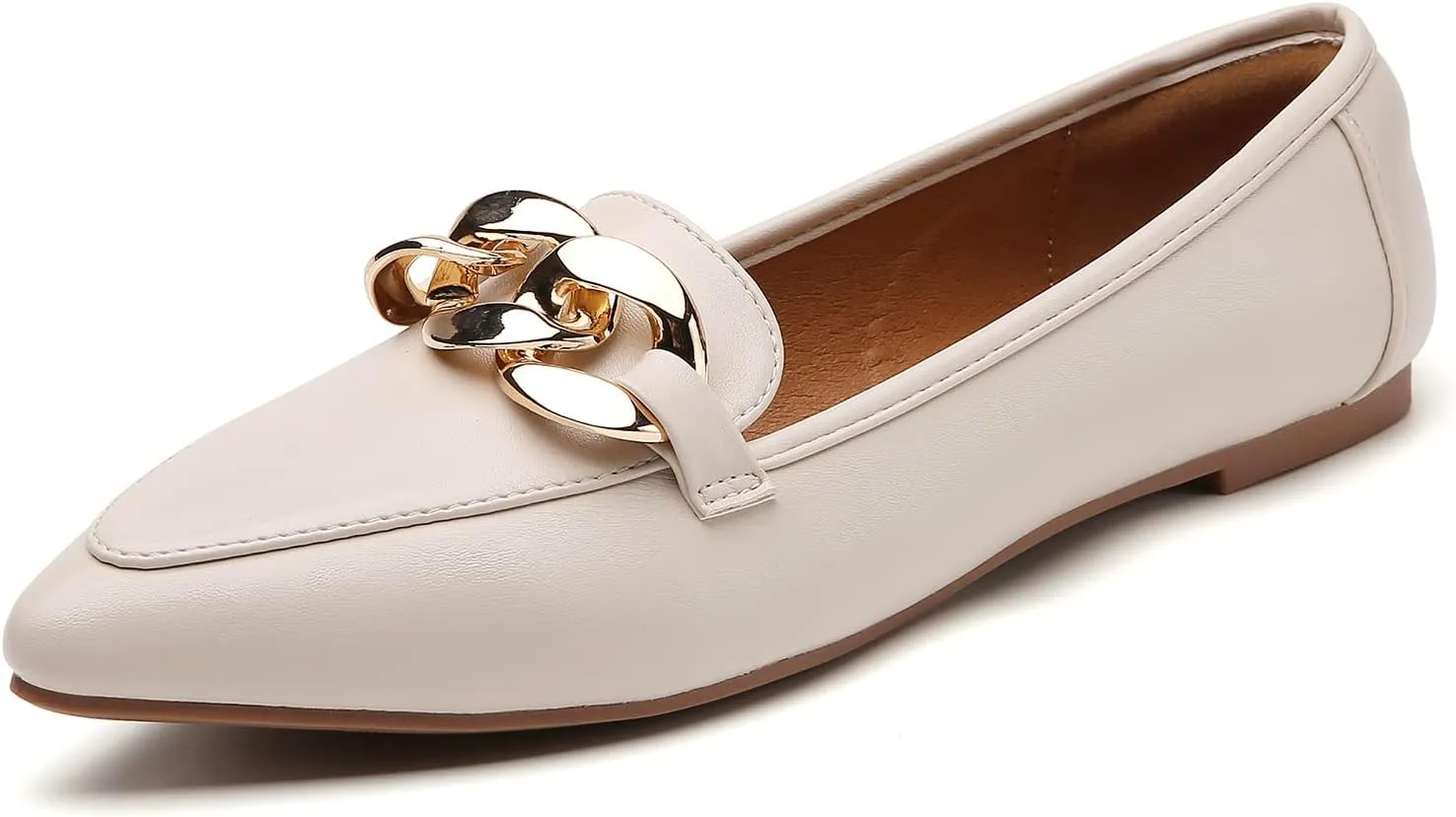 Tilocow Metal Chain Loafers for Womens Slip On Pointed Toe Flats Comfortable Fashion Work Business Shoes