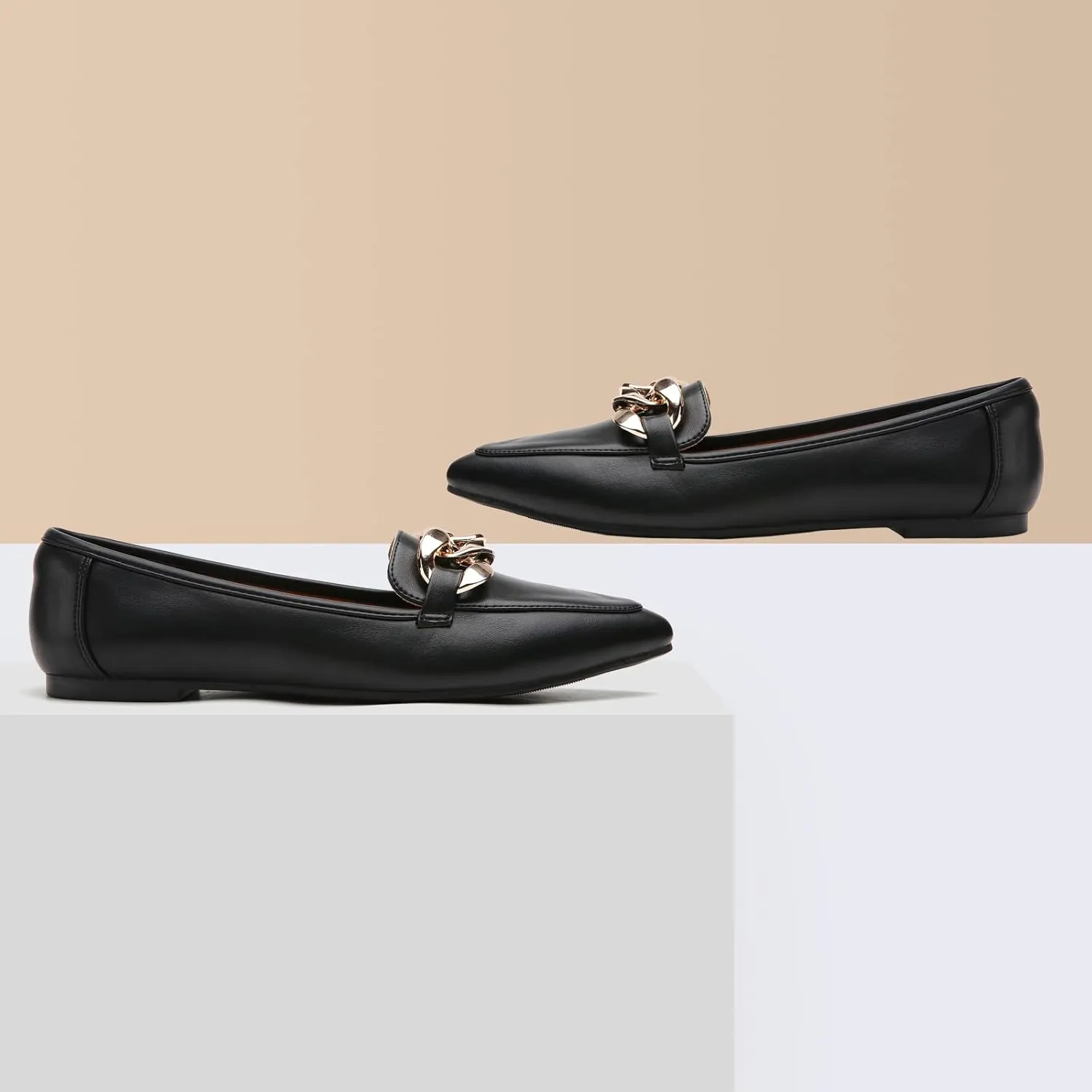 Tilocow Metal Chain Loafers for Womens Slip On Pointed Toe Flats Comfortable Fashion Work Business Shoes
