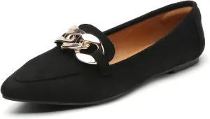 Tilocow Metal Chain Loafers for Womens Slip On Pointed Toe Flats Comfortable Fashion Work Business Shoes