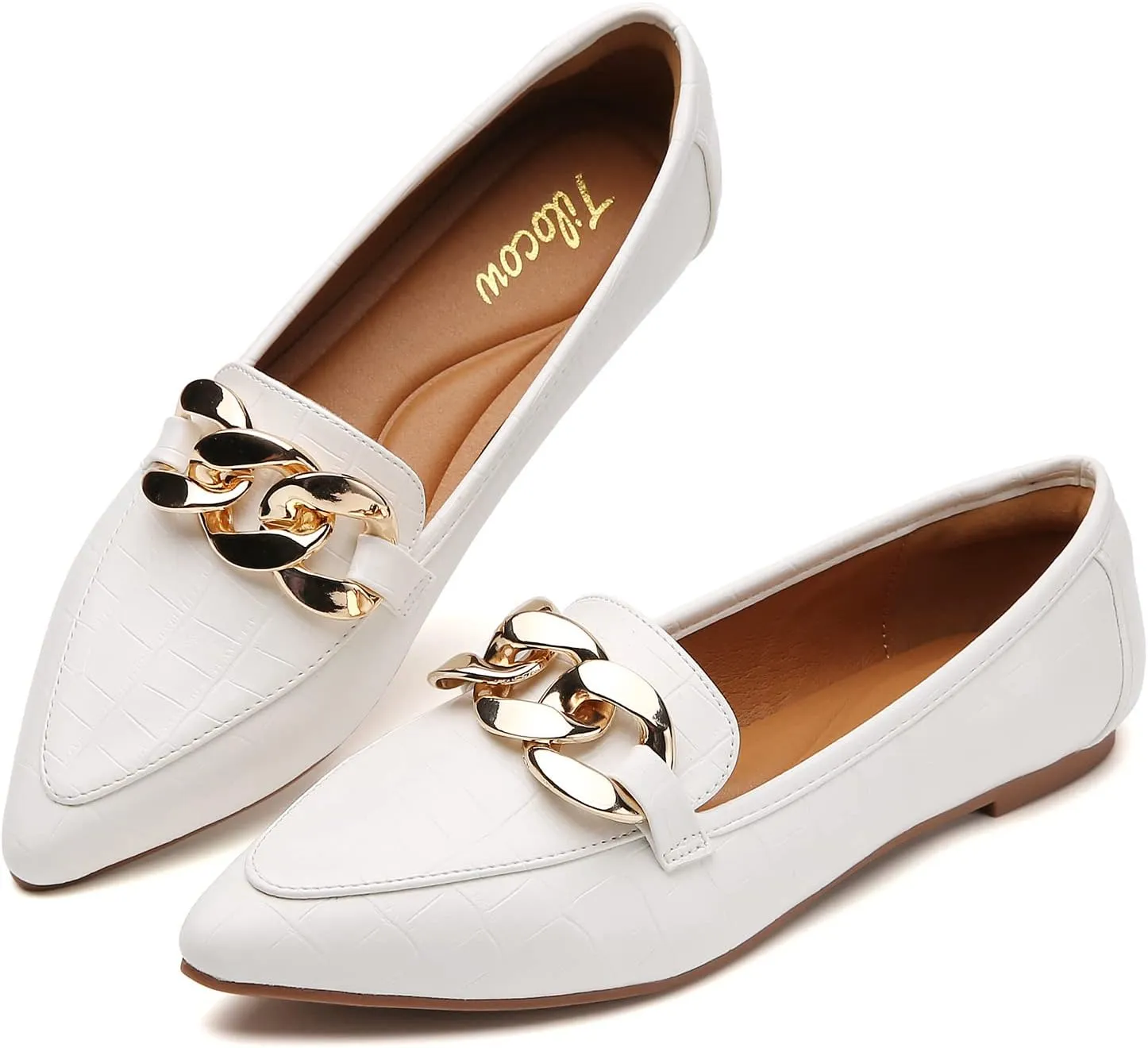 Tilocow Metal Chain Loafers for Womens Slip On Pointed Toe Flats Comfortable Fashion Work Business Shoes
