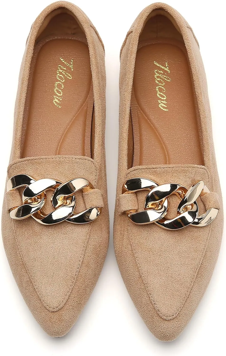 Tilocow Metal Chain Loafers for Womens Slip On Pointed Toe Flats Comfortable Fashion Work Business Shoes